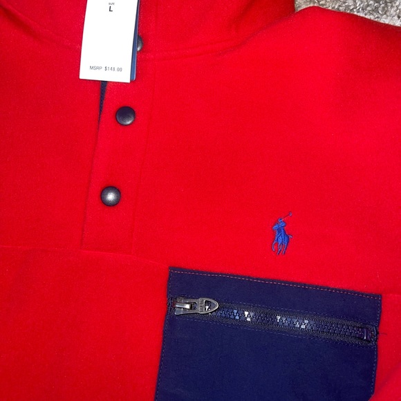 NEW Polo Ralph Lauren Men’s Pullover 1/4 Button up Fleece Sweater In Red SZ.L - Picture 5 of 7
